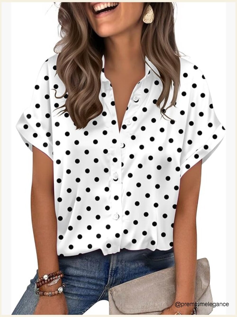 Short Sleeve Satin Button Down Blouse